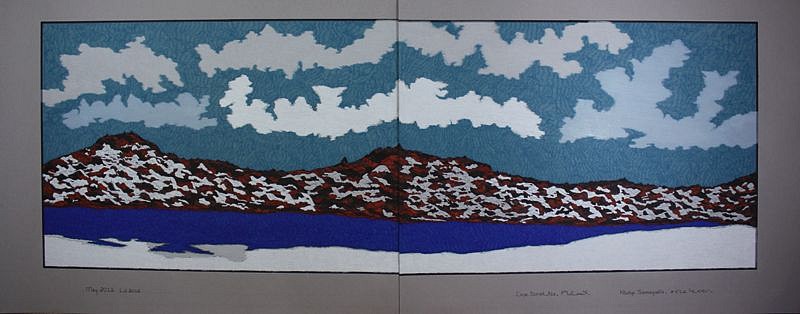 Nicotye Samayualie, Untitled landscape, 2012
Coloured pencil and pentel pen on paper, 19 1/2 x 51 in. (49.5 x 129.5 cm)
Nicotye Samayualie is one of the rising stars among Cape Dorset graphic artists.  In this diptych, showing a landscape near Cape Dorset, the artist repeats similar elements with subtle variations to create a dynamic image.  
01768-2
$1,200
