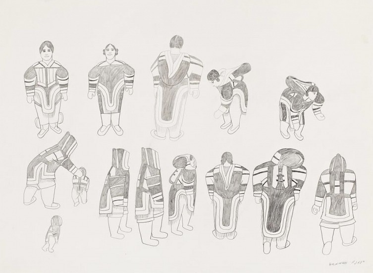 Hanna Kigusiuk, Women with their amauti designs, 1987
Graphite pencil, 22 x 30 in.
Provenance: Albrecht Collection of Arctic Art.  This pencil drawing is virtually a pattern-book for designs of classic amauti (women's parkas), with detailed front, back, and side views.  
03245-2