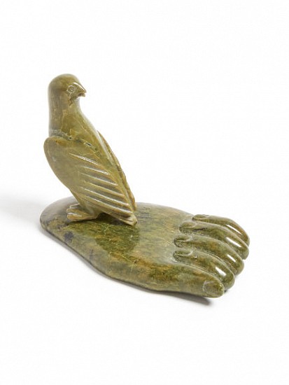 Sheokjuk Oqutaq, Bird on hand
4 1/2 x 6 x 3 in.
Sheokjuk Oqutaq was known for the sheer beauty of his sculptures, and this piece is no exception.  A small bird perches on an open hand, both beautifully executed.  We are left to wonder about the impetus behind the carving.     
03526-2