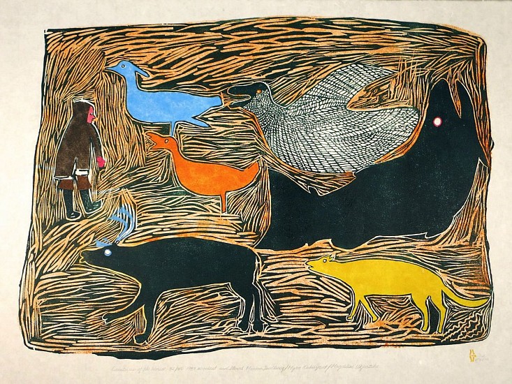 Marion Tu&#039;uluq, Creatures of the World, 32/40, 1987
Woodcut and stencil, 25 1/2 x 38 in. (64.8 x 96.5 cm)
Printmaker: Myra��Kukiiyaut��(1929-2006)
01853-1