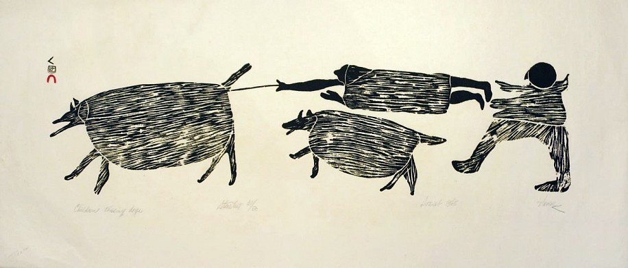 Parr, Children chasing dogs, 31/50, 1965/3, 1965
Stonecut, 13 3/4 x 30 1/2 in. (34.9 x 77.5 cm)
Printmaker:Iyola Kingwatsiak (1933-2000)
01857-1