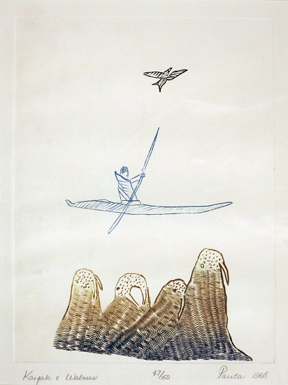 Pauta Saila, Kayak and walrus, 47/50, 1968/60, 1968
Engraving three colored, 7 x 9 in. (17.8 x 22.9 cm)
SOLD
02006-2