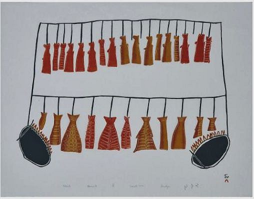 Sheojuk Etidlooie, Pitsiit (Drying char), 10/50, 1998
22 x 28 in.
Sheojuk Etidlooie's graphics frequently are highly abstracted. This print, in contrast, is quite realistic, with the bone structure of the individual pieces of drying char depicted clearly. However, the overall impression is an abstraction, with the char isolated from their surroundings.
03488-2