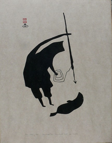 Tudlik, Man Killing Seal, 1961
20 x 29 in.
Tudlik's early print shows no conception of perspective.  The hunter's two arms are of wildly different lengths; there is no demarcation between the hunter on top of the ice and the seal underneath the ice; the coiled rope attached to the harpoon is deconstructed into a series of concentric lines.  And yet the image is compelling.
03532-2