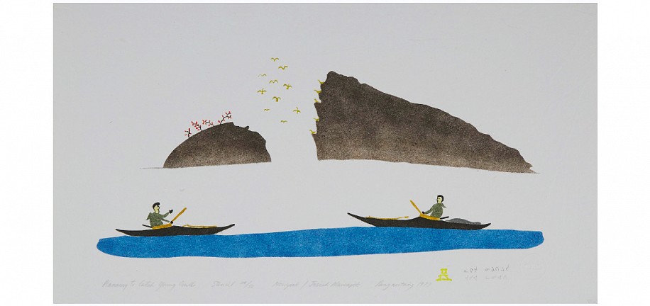 Nicodemus Nowyook, Planning to catch young gulls, 1977
13 x 24 in.
Nicodemus Nowyook created 17 prints, almost all stencils, between 1972 and 1985.  Most depicted scenes from daily life with bright colors and delicate lines.  Here, two kayakers in the foreground contemplate a hunt for young gulls from the rookery seen in the background.  Stencils from Pangnirtung, like Nowyook's, were quite different from Cape Dorset stencils. Cape Dorset stencils tended to feature large scale designs; Pangnirtung's tended to be more intimate.
03744-1
