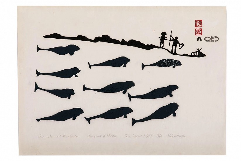 Kiakshuk, Lumiuk and the whales, 1961
10 x 14 in.
Provenance
Private Collection, Santa Fe, NM.

Literature
Mora Dianne O'Neill, et.al., Art Gallery of Nova Scotia Permanent Collection: Selected Works, (Halifax: Art Gallery of Nova Scotia, 2002), p. 92, which described the print, "...Lumiuk and the Whales is typical of the work purchased by the southern-run co-ops of the 1960s. It is a strong graphic image depicting a pod of stylized whales passing two equally stylized hunters on the shoreline. It is [...] powerfully rendered".
03542-1