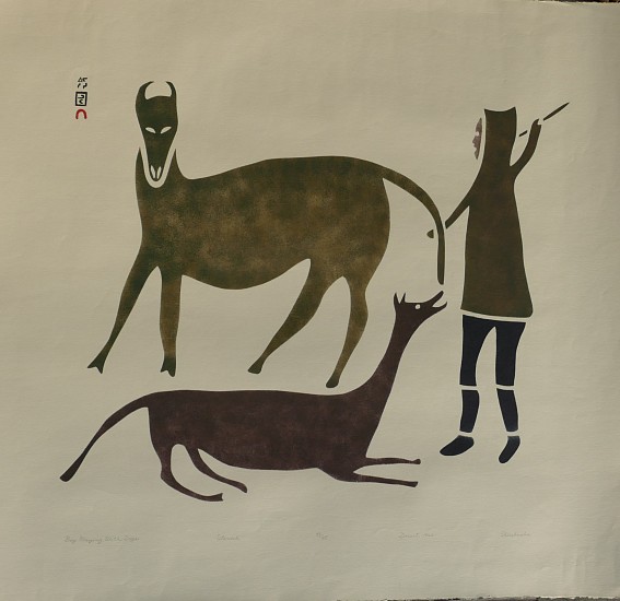 Elushushe Parr, Boy Playing with Dogs, 43/45, 1966
Stencil, 26 1/8 x 28 in.
Eleeshushe Parr was married to Parr, and both contributed singular prints to the Cape Dorset print collections.  This elegant stencil shows a boy pretending to hunt two dogs.  The figures are elegant and stylized.  
03549-1