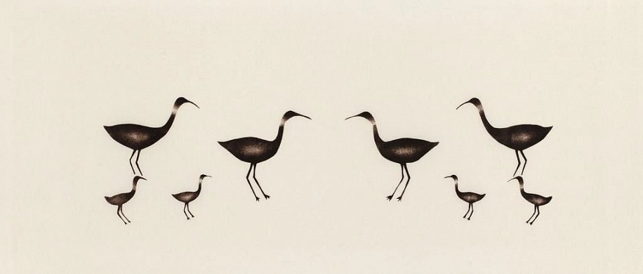 Effie ANGALI&#039;TAAQ ARNALUAQ, Whimbrels (curlews)
11 x 24 1/2 in.
An early experimental stencil print.  This rare image came from the Albrecht Collection of Arctic Art.
03467-2