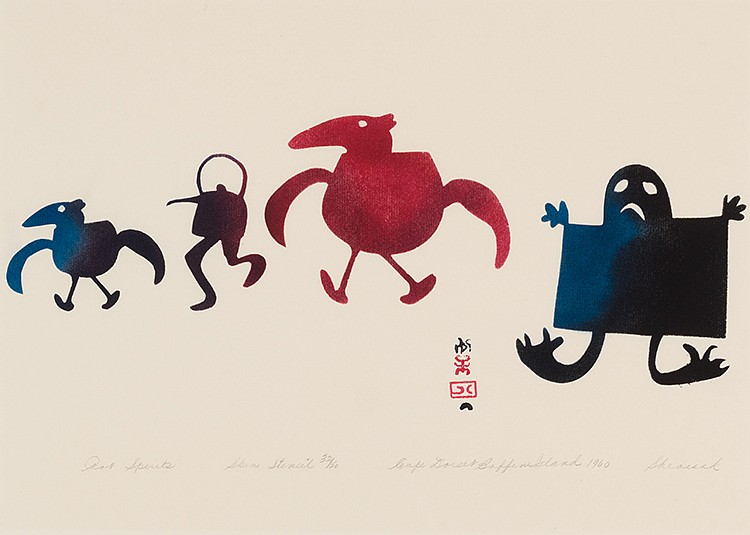 Sheouak Petaulassie, Pot Spirits, 32/50, 1960
12 x 17 in.
NOT FOR SALE.
Possibly Sheouak's most famous image, Pot Spirits is a light-hearted fantasy of animated cooking implements.  
Sheouak Petaulassie was one of the first women to make prints at the West Baffin Eskimo Cooperative in Cape Dorset. Her prints appeared in two of the earliest Cape Dorset print collections -- 1960 and 1961 --but, tragically, she died prematurely in 1961.
03555-1